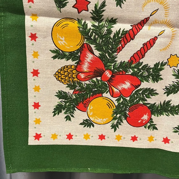 Colorful Christmas Table Runner Candles, Bows, Ornaments Pine Boughs/Cones Stars - Picture 11 of 16